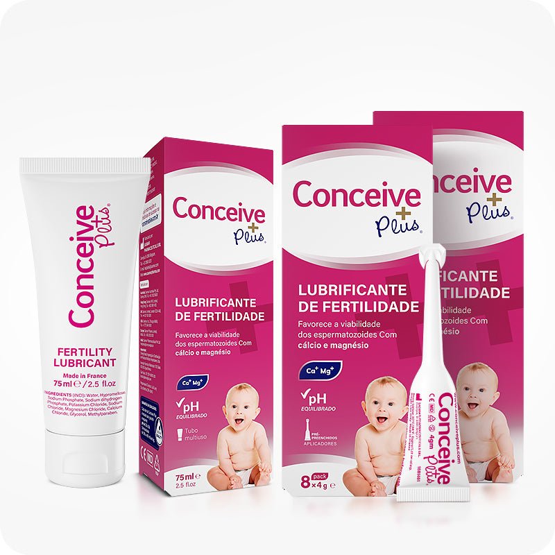 Conceive Plus Max Combo - Fertility Lubricant Bundle (PT) showing a combination of one 75ml fertility lubricant tube, one 4g pre-filled fertility lubricant applicator and two pink retail boxes of tube and applicators with baby imagery and Portuguese labeling, all neatly arranged on a white background for a clean product display.