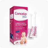 Conceive Plus Fertility Lubricant Pre-Filled Applicators (PT) product image showing an Italian-language box of 8x4g units alongside two individual pre-filled applicators. The packaging highlights sperm vitality support with calcium and magnesium ions, balanced pH, and easy-to-use design. Box features pink and white branding.