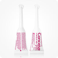 Conceive Plus Fertility Lubricant Pre-Filled Applicators (PT) shown front and back on a clean white background. Each 4g applicator features clear labeling in red, with branding, CE medical marking, and multilingual usage instructions. Designed for single-use vaginal application to support fertility with calcium and magnesium ions.