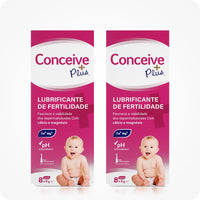 Conceive Plus Fertility Lubricant Pre-Filled Applicators (PT) 2-pack, featuring two boxes each containing 8 pre-filled 4g applicators. The packaging is pink and white, with Italian text highlighting sperm vitality support with calcium and magnesium ions. Each box displays a baby image, balanced pH symbol, and "Applicatori Preriempiti" icon.