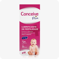 Front-facing box of Conceive Plus Fertility Lubricant Pre-Filled Applicators (PT) in Italian packaging. The pink and white box features bold branding, text promoting sperm vitality with calcium and magnesium ions, and icons for pH balance and single-use pre-filled applicators. A smiling baby sits at the bottom of the box, highlighting the product’s fertility focus. The box contains 8 applicators of 4g each.