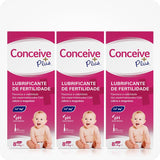 Conceive Plus Fertility Lubricant Pre-Filled Applicators (PT) 3-pack showing three boxes, each containing 8 pre-filled 4g applicators. The pink and white Italian packaging emphasizes sperm vitality support with calcium and magnesium. Each box features a baby image, balanced pH badge, and icons indicating single-use applicators labeled “Applicatori Preriempiti.” Ideal for couples trying to conceive.