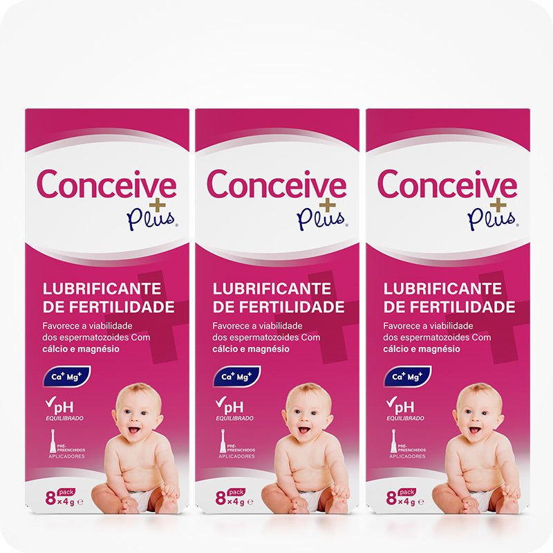 Conceive Plus Fertility Lubricant Pre-Filled Applicators (PT) 3-pack showing three boxes, each containing 8 pre-filled 4g applicators. The pink and white Italian packaging emphasizes sperm vitality support with calcium and magnesium. Each box features a baby image, balanced pH badge, and icons indicating single-use applicators labeled “Applicatori Preriempiti.” Ideal for couples trying to conceive.