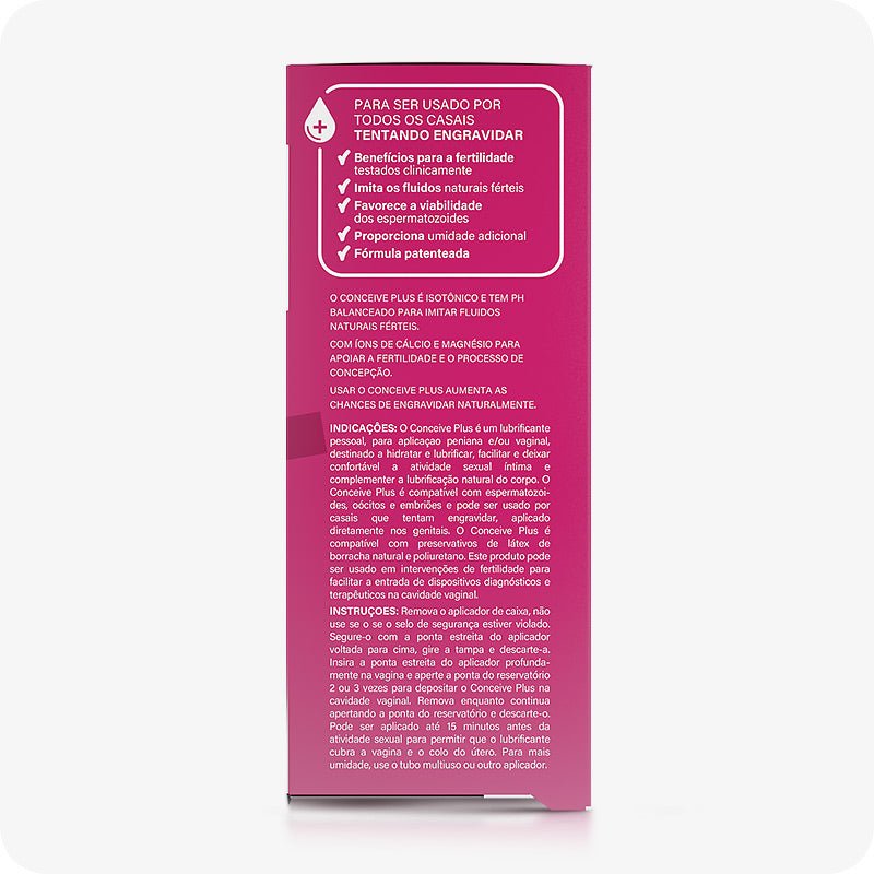 Side panel of Conceive Plus Fertility Lubricant Pre-Filled Applicators (PT) packaging in Italian, describing benefits such as clinically tested formulation, support for sperm vitality, and added lubrication with patented formula. Includes detailed usage instructions, fertility support claims, and ingredient list with calcium and magnesium ions. Background features a pink tone with a medical-style layout.