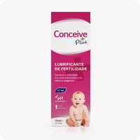 For Conceive Plus Fertility Lubricant Tube + Applicators (PT), retail box 75ml fertility lubricant tube front view in Portuguese, highlighting product benefits like sperm viability support, balanced pH, calcium and magnesium content, and a baby image on pink and white packaging of 75ml multi-use tube.