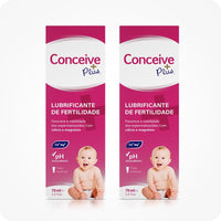 For Conceive Plus Fertility Lubricant Tube + Applicators (PT), two 75ml fertility lubricant tube retail boxes in Portuguese, each featuring a baby image, mineral icons for calcium and magnesium, and pH balance highlights, presented side by side against white background to showcase bundle packaging.
