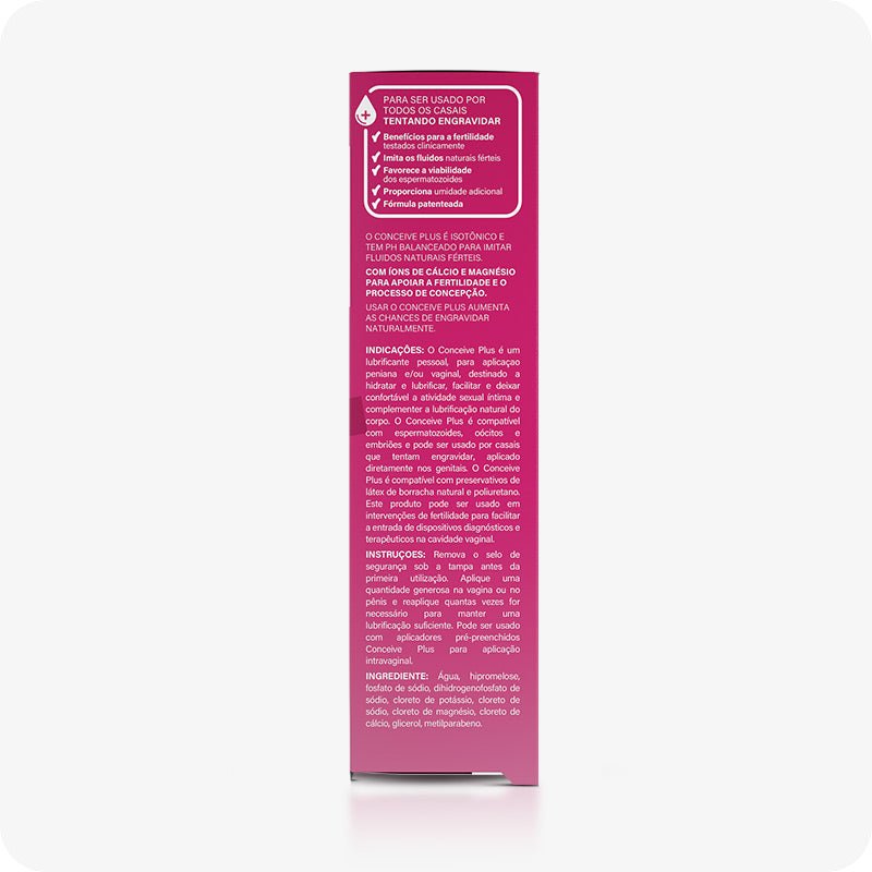 For Conceive Plus Fertility Lubricant Tube + Applicators (PT), side view of 75ml fertility lubricant tube box packaging showing detailed product information in Portuguese, including benefits for fertility, usage instructions, ingredients list, and suitability for couples trying to conceive.