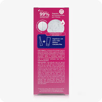 For Conceive Plus Fertility Lubricant Tube + Applicators (PT), back panel of 8x4g pre-filled fertility lubricant applicators box, featuring clinical claims in Portuguese, a sperm motility image, usage instructions, safety warnings, and visual icons suggesting use with pre-filled applicators—all on a bright pink background.