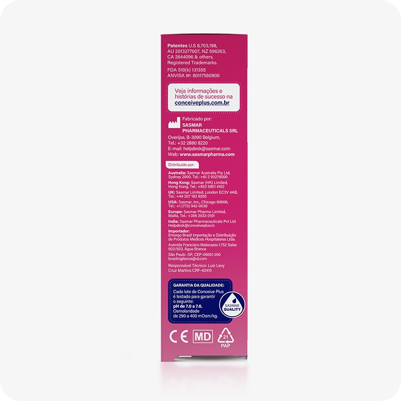 For Conceive Plus Fertility Lubricant Tube + Applicators (PT), side view of 75ml fertility lubricant box showing manufacturing details, global distributor list, SASMAR contact information, website URL, and quality assurance label on a magenta background with Portuguese-language instructions and certifications.