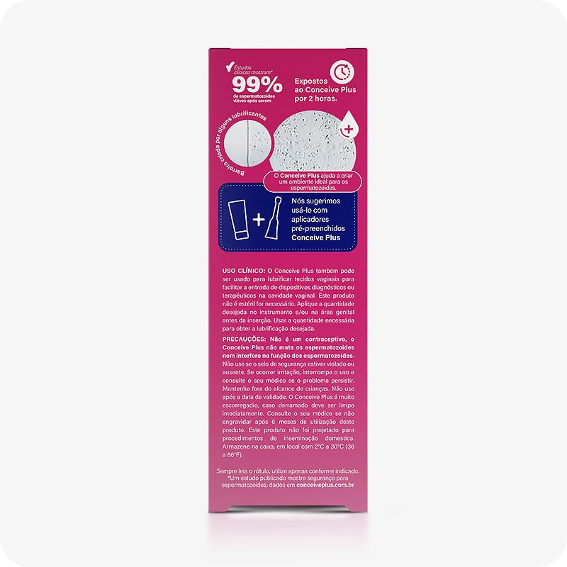 For Conceive Plus Fertility Lubricant Tube + Applicators (PT), back panel of 75ml fertility lubricant tube box featuring a sperm motility graphic, 99% sperm viability claim, clinical usage notes, safety precautions, and a recommendation to use with pre-filled applicators—all presented in Portuguese on a bold pink background.
