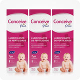 For Conceive Plus Fertility Lubricant Tube + Applicators (PT), three boxes of 75ml fertility lubricant boxes shown side by side, featuring Portuguese labeling, calcium and magnesium icons, balanced pH indication, and baby imagery on pink and white packaging, ideal for multi-use fertility support bundles.