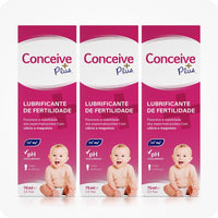 For Conceive Plus Fertility Lubricant Tube + Applicators (PT), three boxes of 75ml fertility lubricant boxes shown side by side, featuring Portuguese labeling, calcium and magnesium icons, balanced pH indication, and baby imagery on pink and white packaging, ideal for multi-use fertility support bundles.