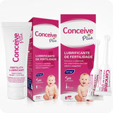 Conceive Plus Fertility Lubricant Tube + Applicators (PT) full product bundle displayed against a white background, featuring a 75ml fertility lubricant tube, two bold pink retail boxes—one upright and one tilted—and two individual pre-filled fertility lubricant applicators arranged beside them; packaging includes bilingual labeling in Portuguese with baby imagery, emphasizing sperm viability support and pH balance.