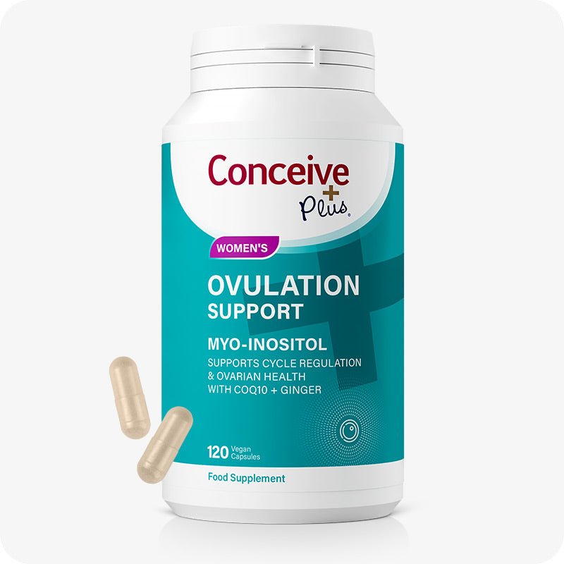 Conceive Plus Fertility Pack Ovulation & Motility Support featuring Women's Ovulation Support bottle with teal label, highlighting 120 vegan capsules with Myo-Inositol, CoQ10, and ginger for cycle regulation and ovarian health, displayed with beige capsules on a white background.