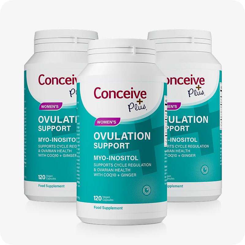 Conceive Plus Fertility Pack Ovulation & Motility Support featuring a 3-pack of Women’s Ovulation Support bottles with teal labels, each containing 120 vegan capsules formulated with Myo-Inositol, CoQ10, and ginger to support ovarian health and cycle regulation, displayed on a white background.