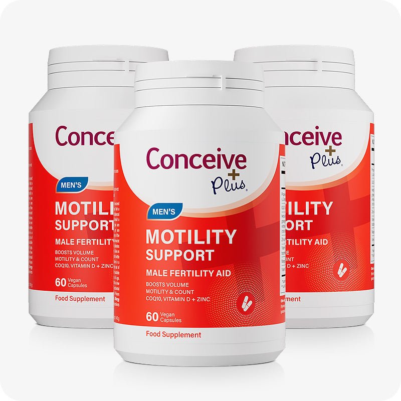 Conceive Plus Fertility Pack Ovulation & Motility Support displaying a 3-pack of Men’s Motility Support bottles with red labels, each offering 60 vegan capsules formulated to improve sperm motility, volume, and count using CoQ10, Vitamin D, and Zinc, arranged neatly on a white background.