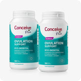 Conceive Plus Fertility Pack Ovulation & Motility Support featuring a twin pack of Women’s Ovulation Support bottles with teal labels, each containing 120 vegan capsules formulated with Myo-Inositol, CoQ10, and ginger to support cycle regulation and ovarian health, shown against a white background.