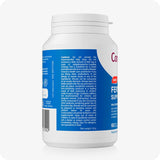 Conceive Plus Men's Fertility Support supplement bottle showing side label with detailed caution and allergy information. Blue and white packaging includes guidance on dosage limits, storage instructions, and warnings for iron and caffeine content.