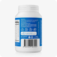 Back view of Conceive Plus Men's Fertility Support supplement bottle showing product directions, certifications, and barcode. Blue label highlights daily dosage instructions, usage guidance for planned conception, and icons indicating vegan-friendly, non-GMO, and preservative-free formulation.