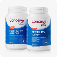Two bottles of Conceive Plus Men's Fertility Support, each containing 60 blue vegan capsules. Bold blue and white label highlights support for male reproductive health with multivitamins and antioxidants including Vitamin C, E, and Zinc. Designed to promote healthy sperm.