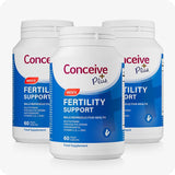 Three bottles of Conceive Plus Men's Fertility Support, each labeled for 60 vegan capsules. Packaging uses a blue and white design to emphasize male reproductive health, featuring antioxidants like Vitamin C, E, and Zinc to aid healthy sperm production.