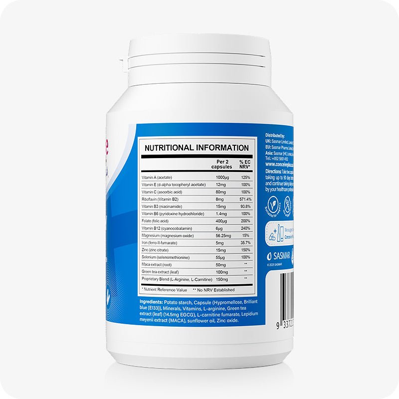 Conceive Plus Men's Fertility Support supplement bottle showing detailed nutritional information panel. Label lists key ingredients such as Vitamin A, E, C, B12, zinc, folate, magnesium, and green tea extract, along with L-arginine and maca root. Blue and white packaging with clear supplement facts section.