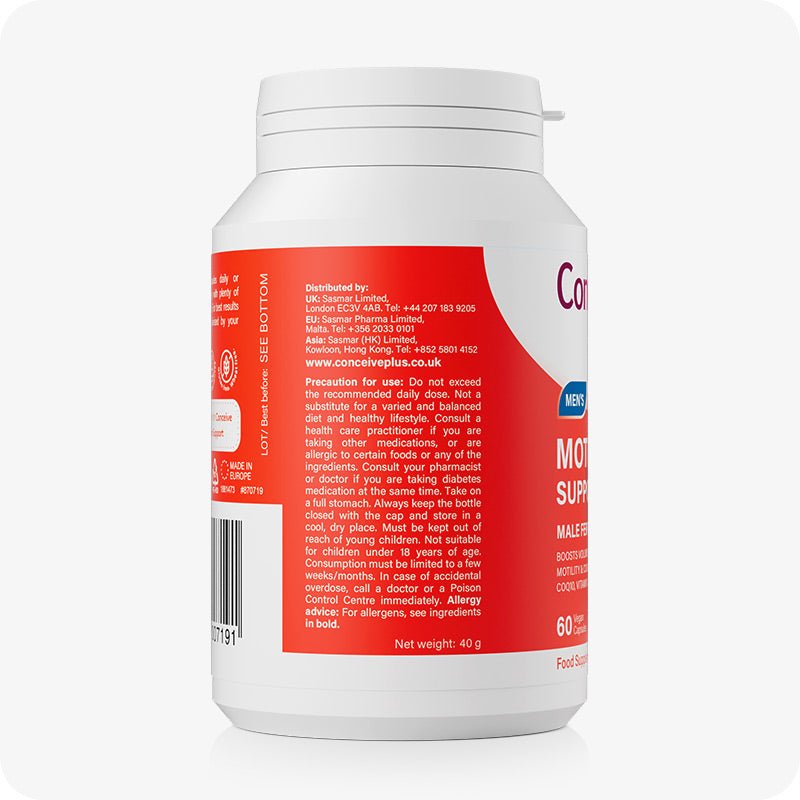 Side view of Conceive Plus Motility Support bottle with red and white packaging, displaying cautionary usage instructions, distribution details, and product weight. Designed to support male fertility with a bold, clear label.