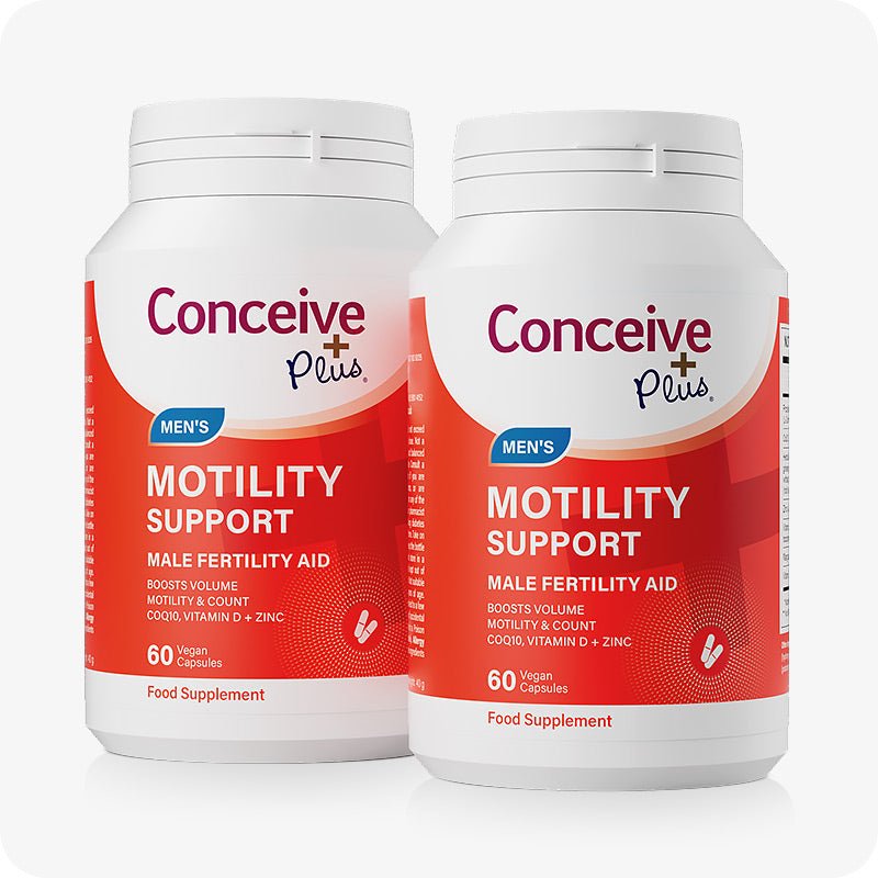 Two bottles of Conceive Plus Motility Support displayed side by side. Each bottle contains 60 vegan capsules and features a red and white label highlighting its role as a male fertility aid with CoQ10, Vitamin D, and Zinc to support sperm motility and count.