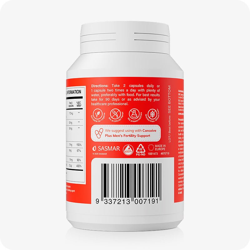 Back view of Conceive Plus Motility Support supplement bottle for men, showcasing usage directions, clean-label icons, and barcode. Red background highlights its pairing suggestion with Conceive Plus Men's Fertility Support.