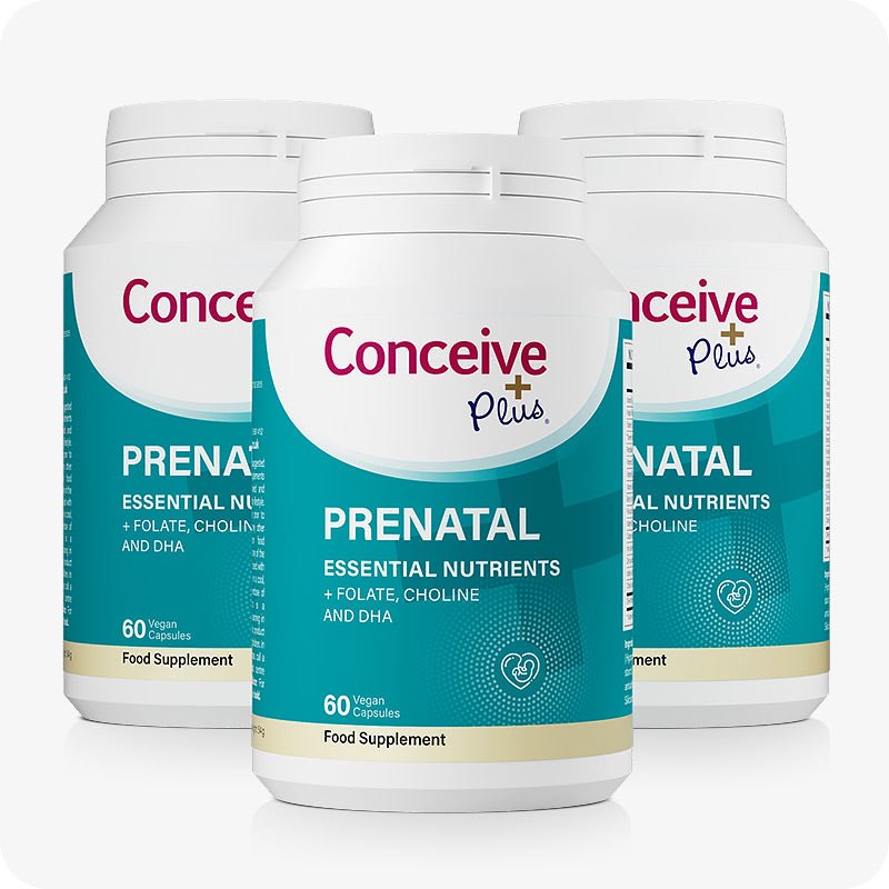 Three bottles of Conceive Plus Prenatal Essential Nutrients supplements, each offering 60 vegan capsules with folate, choline, and DHA for comprehensive pregnancy support.