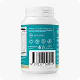 Conceive Plus Prenatal supplement bottle rear view displaying usage directions, barcode, and symbols for Non-GMO, vegan-friendly, preservative-free, and allergy-safe certifications.
