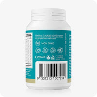 Conceive Plus Prenatal supplement bottle rear view displaying usage directions, barcode, and symbols for Non-GMO, vegan-friendly, preservative-free, and allergy-safe certifications.