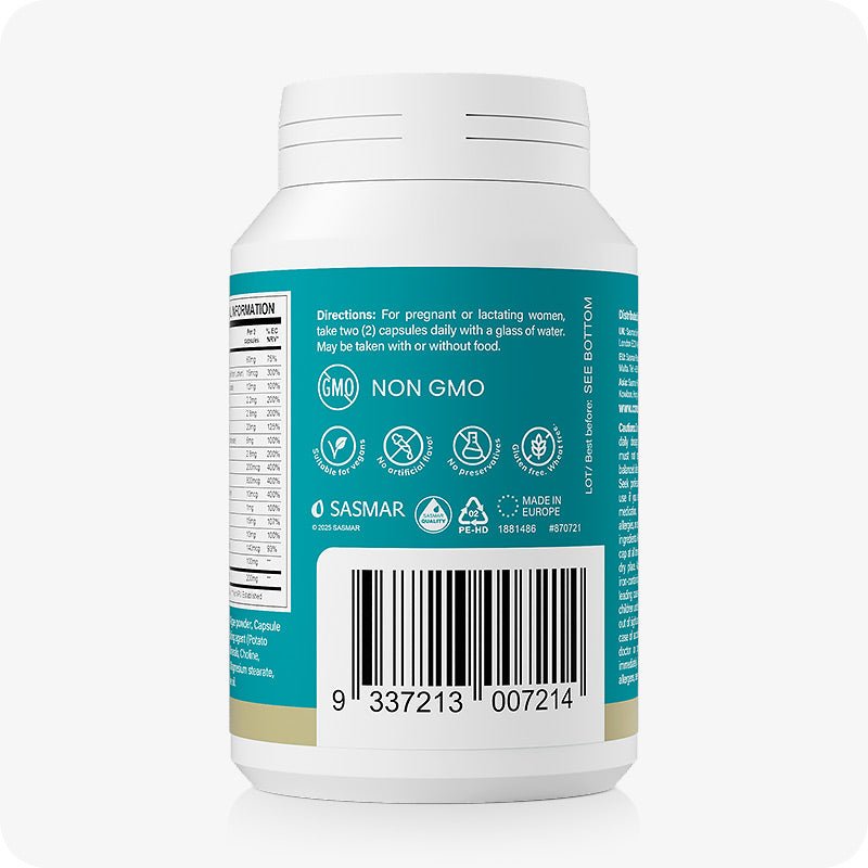 Conceive Plus Prenatal supplement bottle rear view displaying usage directions, barcode, and symbols for Non-GMO, vegan-friendly, preservative-free, and allergy-safe certifications.