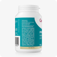 Side label of Conceive Plus Prenatal supplement bottle showing distributor information, cautionary usage instructions, website link, and net weight of 54g.