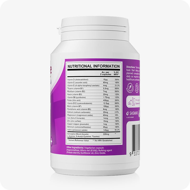 Conceive Plus Women's Fertility Support supplement label showing detailed nutritional information per 2 capsules, including vitamins, minerals, and a conception blend. Purple label with white and black nutritional information table and ingredients list at the bottom.