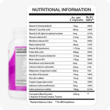 Conceive Plus Women's Fertility Support nutritional information table listing vitamin and mineral content per 2 capsules, including folic acid, B-complex, iron, zinc, and a 220mg Conception Blend with inositol, L-arginine, NAC, and taurine. White label with black text and structured table format.