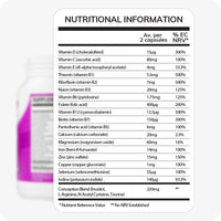 Conceive Plus Women's Fertility Support nutritional information table listing vitamin and mineral content per 2 capsules, including folic acid, B-complex, iron, zinc, and a 220mg Conception Blend with inositol, L-arginine, NAC, and taurine. White label with black text and structured table format.