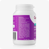 Side view of Conceive Plus Women's Fertility Support bottle displaying distributor details, cautionary information, and allergy advice. Purple label includes a safety warning and storage instructions. Suitable for use in the UK, EU, and Asia, with contact details provided.