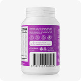 Back view of Conceive Plus Women's Fertility Support bottle showing barcode, usage directions, and product icons. The purple label highlights daily dosage instructions and recommends pairing with Conceive Plus Fertility Lubricant. Features non-GMO, preservative-free, and vegan certification symbols.