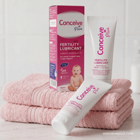 Conceive Plus Fertility Lubricant shown with its pink and white retail box, a white squeeze tube standing upright, and a second tube lying diagonally in front, all arranged on top of two folded pink towels against a soft white background.