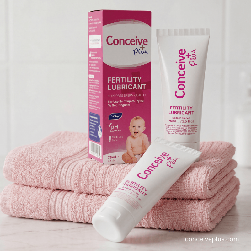 Conceive Plus Fertility Lubricant shown with its pink and white retail box, a white squeeze tube standing upright, and a second tube lying diagonally in front, all arranged on top of two folded pink towels against a soft white background.