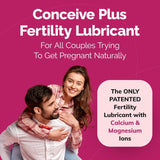 Advertisement for Conceive Plus Fertility Lubricant with a couple on a pink background