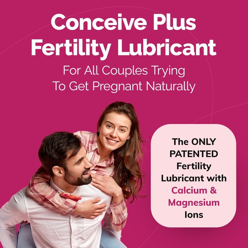 Advertisement for Conceive Plus Fertility Lubricant with a couple on a pink background