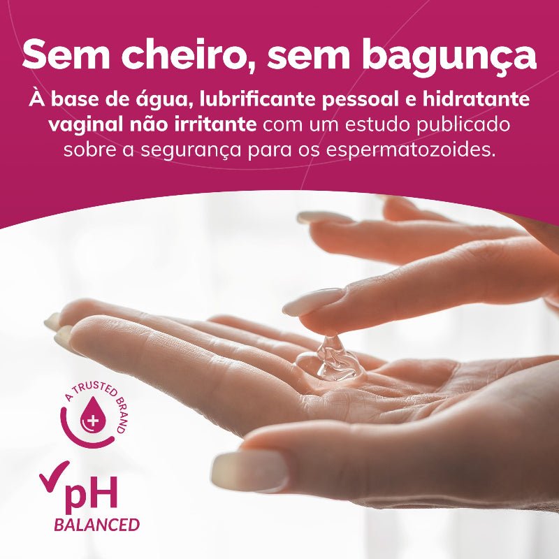 Promotional graphic for a personal lubricant. The top features a magenta banner with Portuguese text.